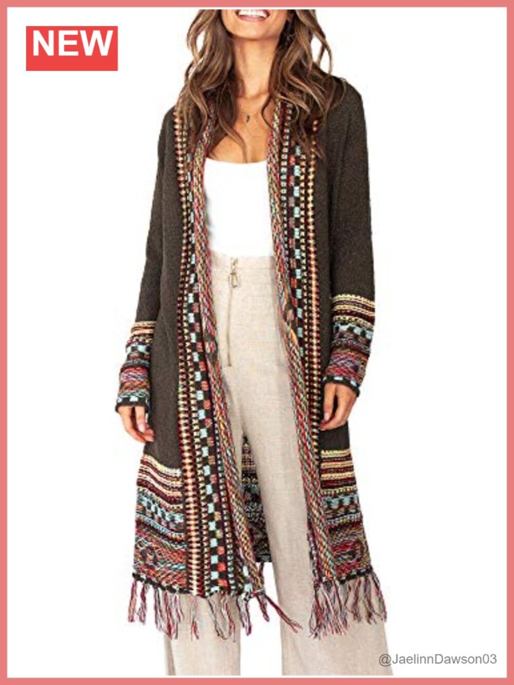 Boho Open Front Cardigan Long Maxi Sweater Tassel Fringe Aztec Tribal